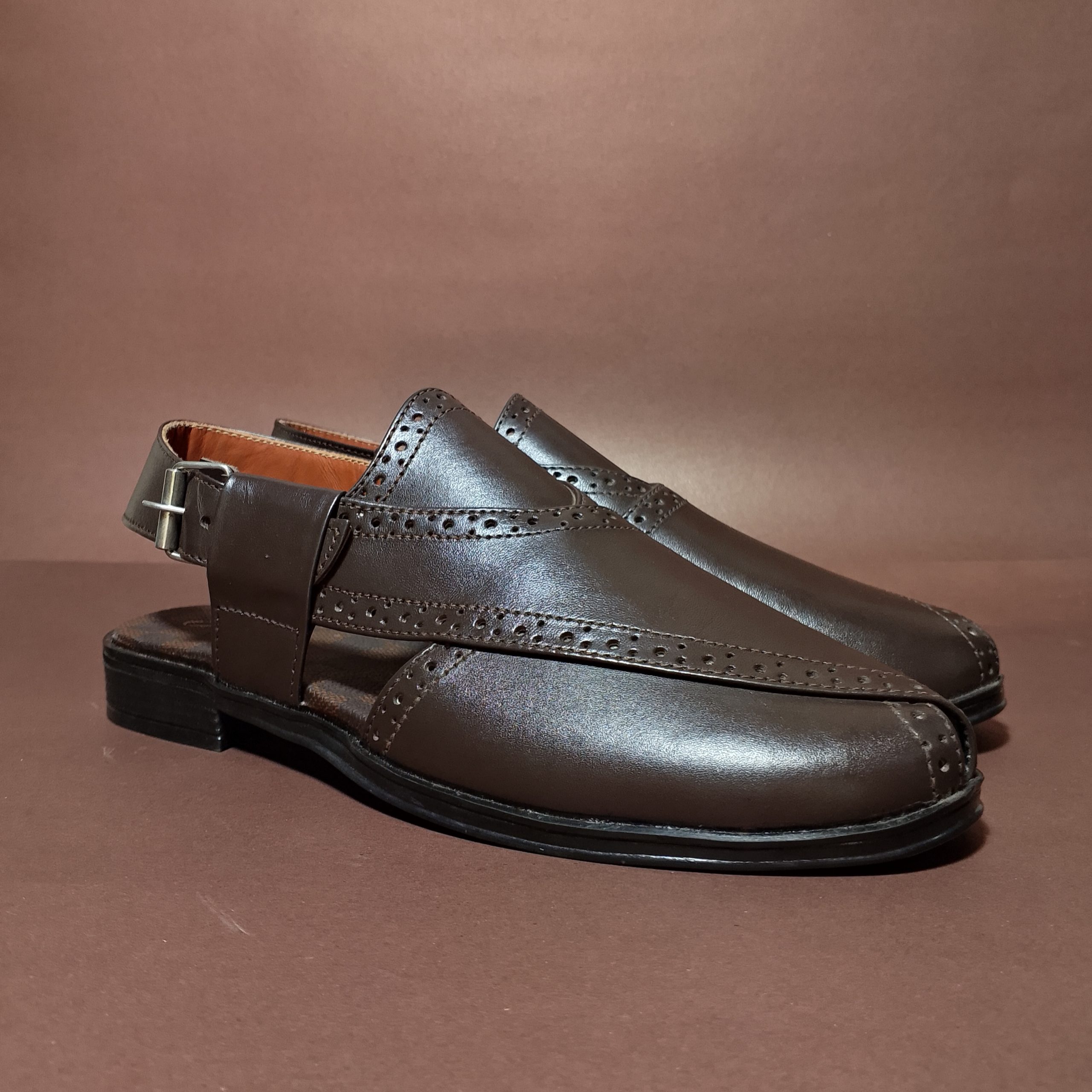 premium dark brown leather peshawari chappal